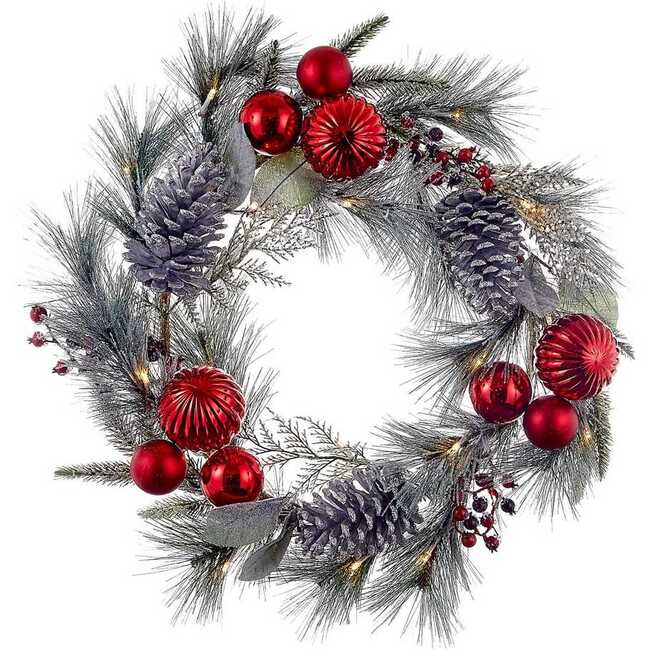 22-Inch Battery-Operated Red Berries, Balls and Silver Pinecone Wreath