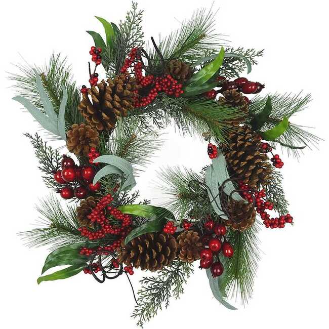 20-Inch Wreath with Red Berries, Leaves and Pinecones