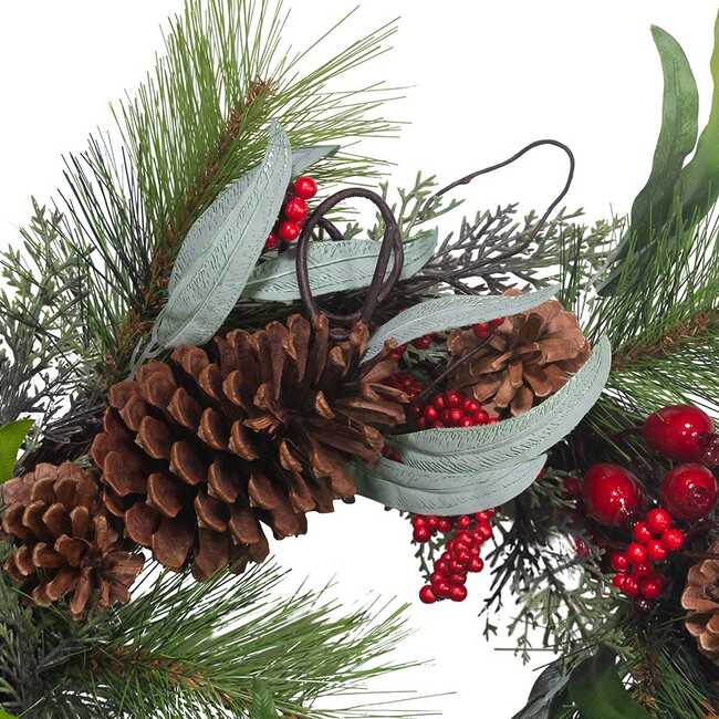 20-Inch Wreath with Red Berries, Leaves and Pinecones - Wreaths - 4