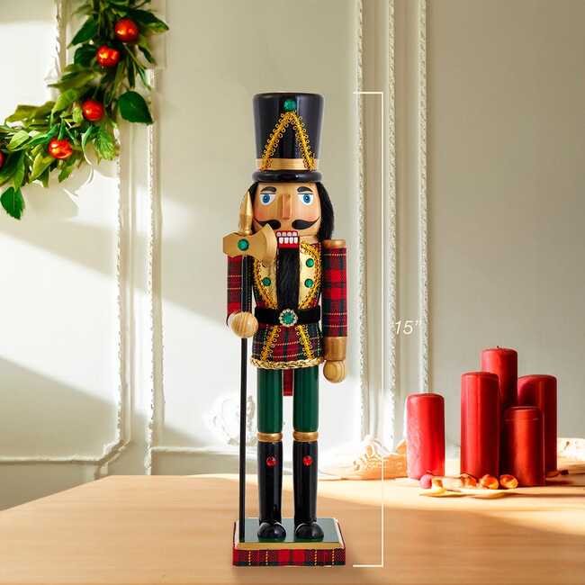 15-Inch Wooden Green and Red Plaid Soldier Nutcracker - Nutcrackers - 7