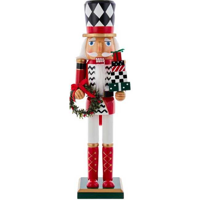 15-Inch Red, White and Black Nutcracker with Gift Box and Wreath