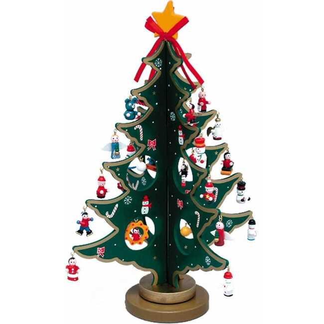 11.75-Inch Wooden Tree with Miniature Wooden Ornaments, 25 Piece Set