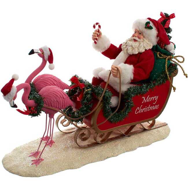 10-Inch Fabriche Flamingos Pulling Santa Sleigh