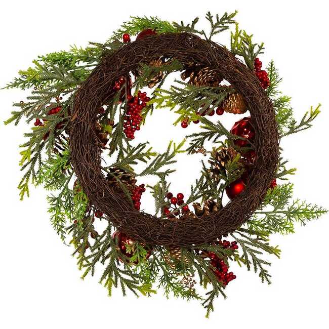 24-Inch Un-Lit Decorated Green Rattan Wreath - Wreaths - 3