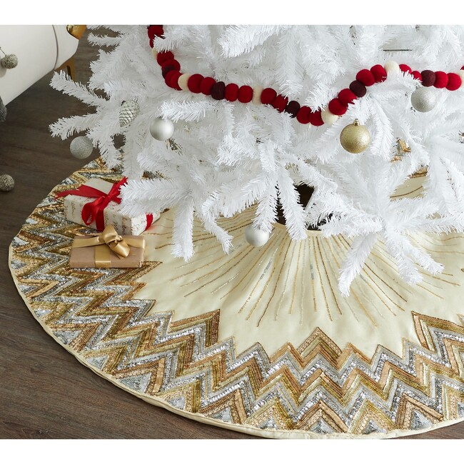 Christmas Tree Skirt, Metallic Starburst on French Vanilla Silk - Tree Skirts - 2