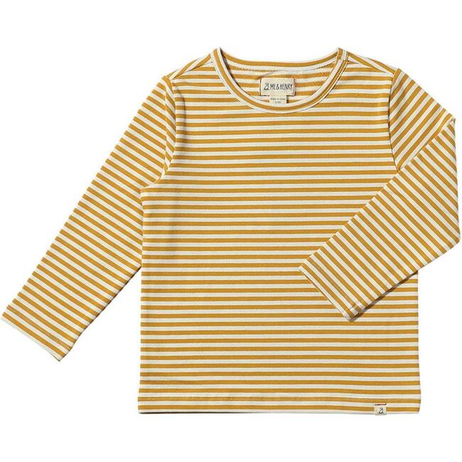 Toby Round Neck Long Sleeve Tee, Gold & White Stripe