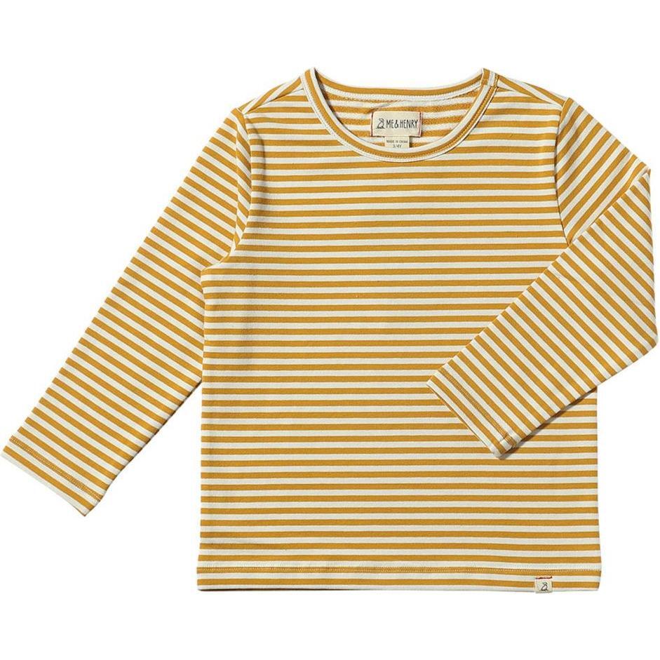 Toby Round Neck Long Sleeve Tee, Gold & White Stripe - T-Shirts - 1