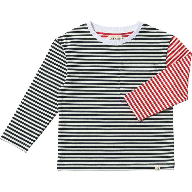 Teddy Round Neck Long Sleeve Tee, Black, Red & White Stripe