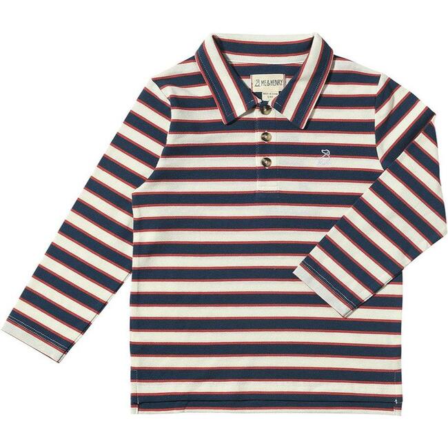 Spencer Long Sleeve Polo Shirts, Navy & Rust & Cream