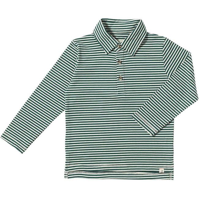 Midway Long Sleeve Polo Shirts, Dark Green & White Stripe