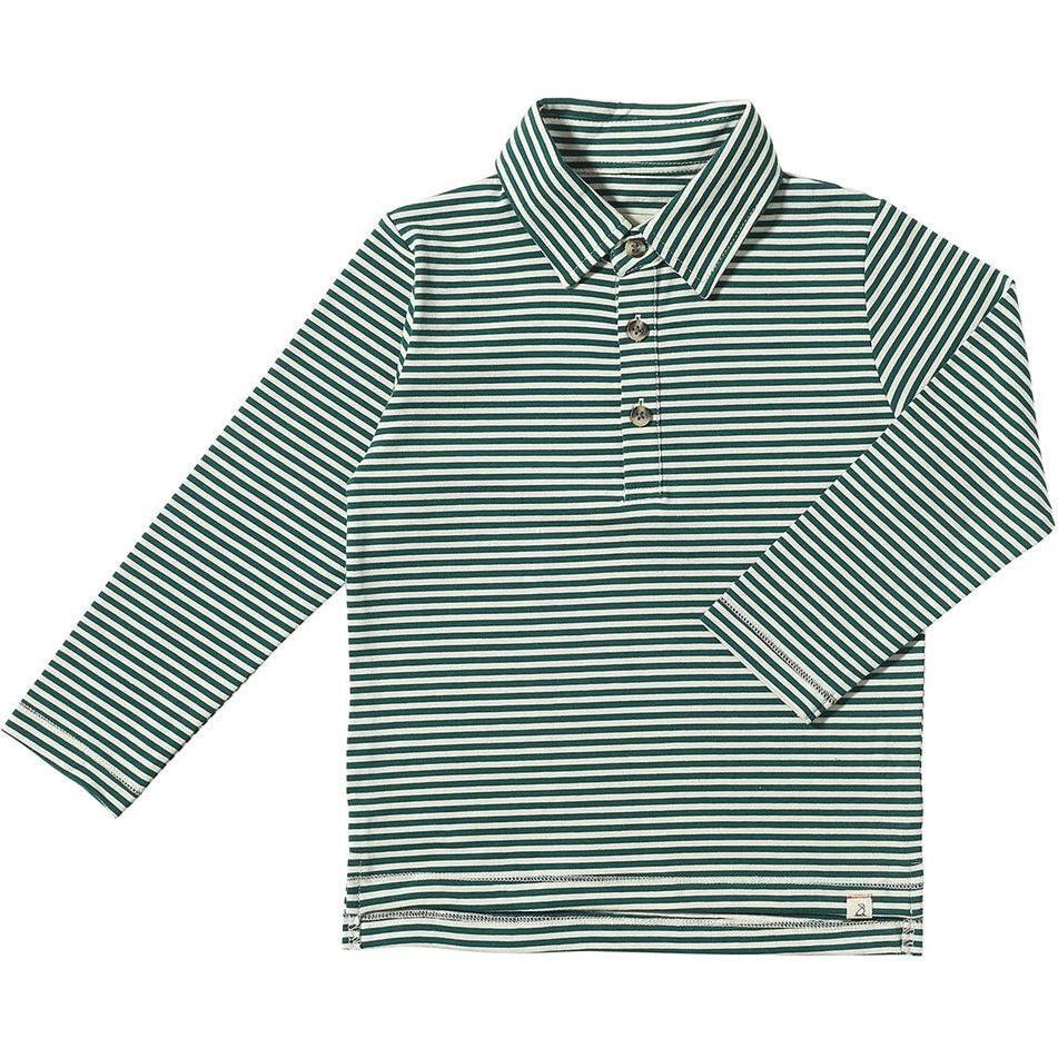 Midway Long Sleeve Polo Shirts, Dark Green & White Stripe - Polo Shirts - 1