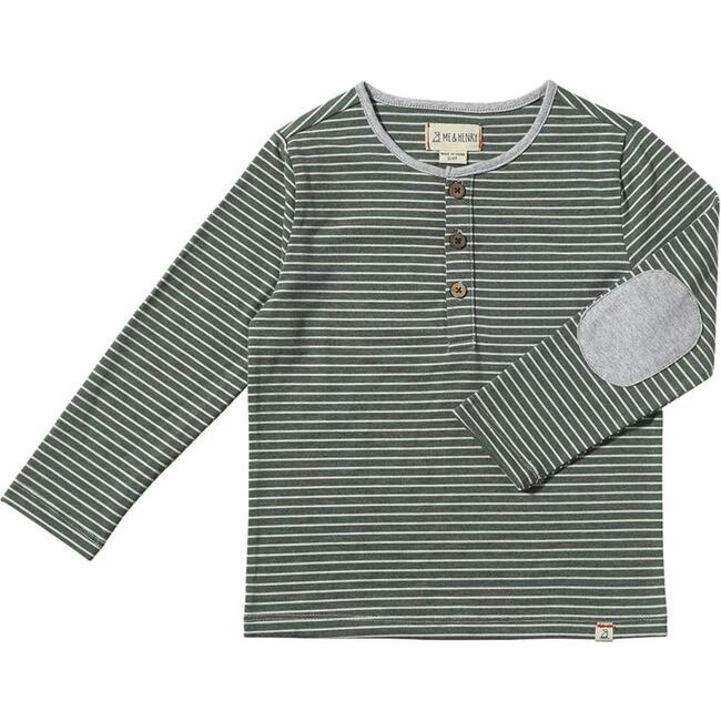 Mascot Contrast Elbow Patch Long Sleeve Henley Shirt, Green & White Stripe