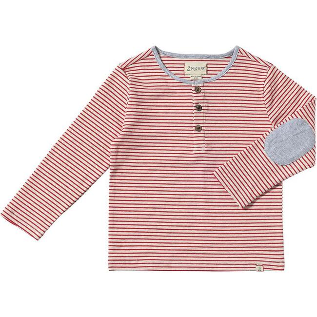 Mascot Contrast Elbow Patch Long Sleeve Henley Shirt,Red & Grey Stripe