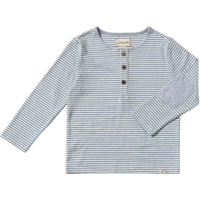 Mascot Contrast Elbow Patch Long Sleeve Henley Shirt, Royal & White Stripe