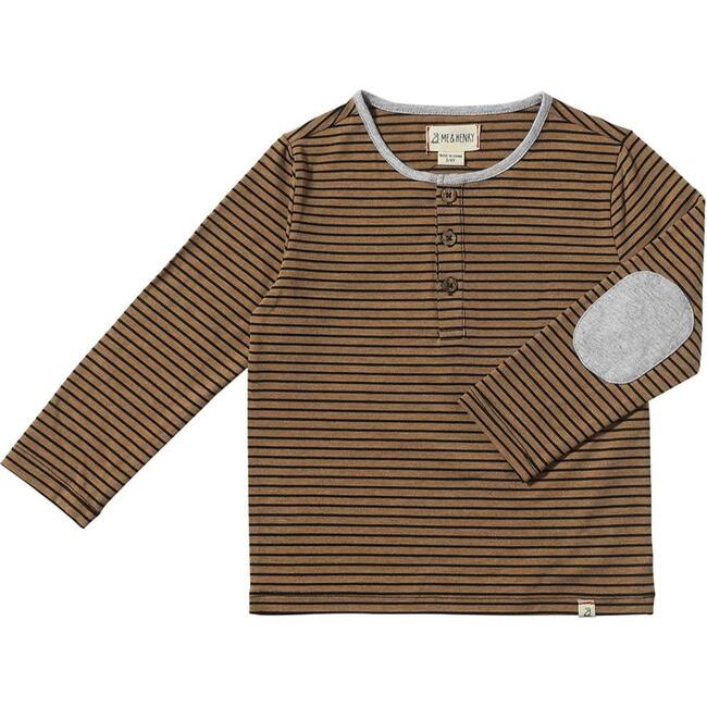 Mascot Contrast Elbow Patch Long Sleeve Henley Shirt, Tan & Black Stripe