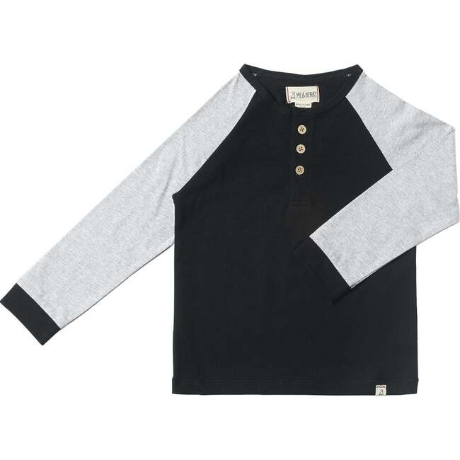 Lugoff Contrast Raglan Sleeve Henley Shirt, Black & Grey