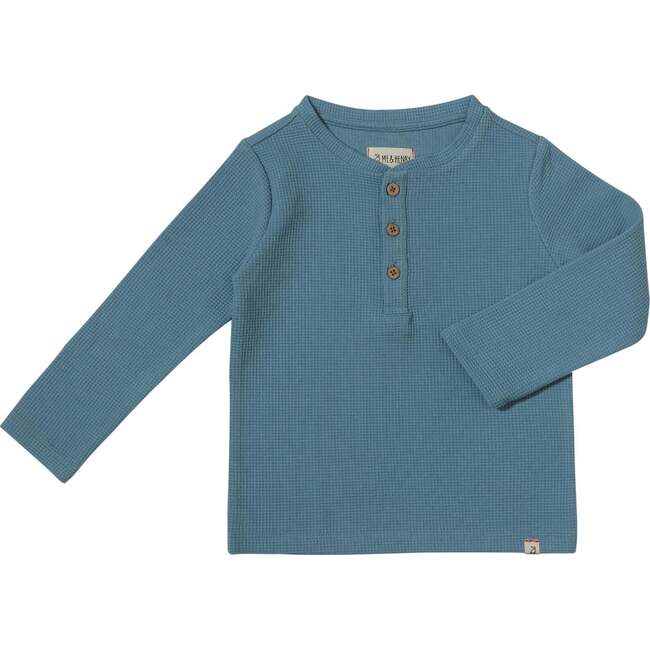 Harvard Waffle Knit Long Sleeve Henley Shirt, Blue Waffle