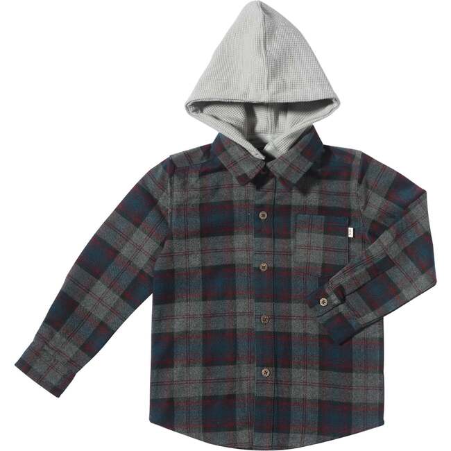 Erin Long Sleeve Contrast Hooded Shirt, Blue & Grey Plaid - Shirts - 1