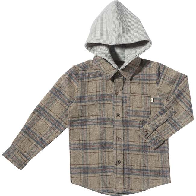 Erin Long Sleeve Contrast Hooded Shirt, Beige Plaid