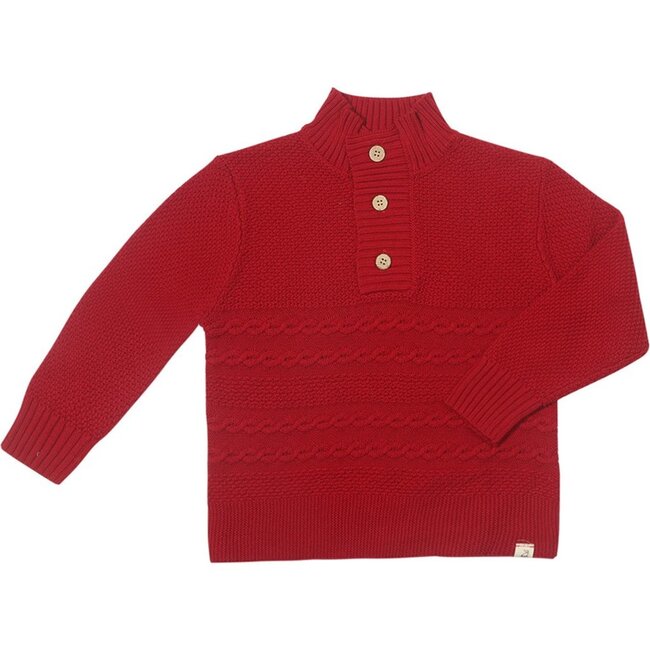 Cable Braided Knit Ribbed Mao Neck Sweater, Red