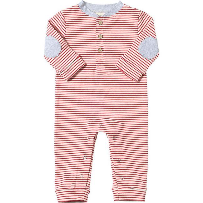 Baby Niota Contrast Elbow Patch Long Sleeve Henley Romper, Red & Grey Stripe