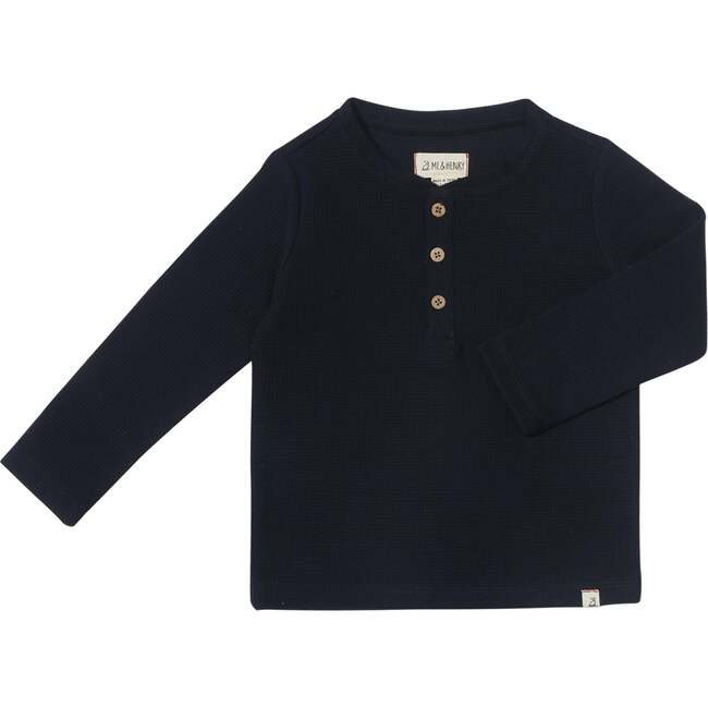 Harvard Waffle Knit Long Sleeve Henley Shirt, Navy Waffle