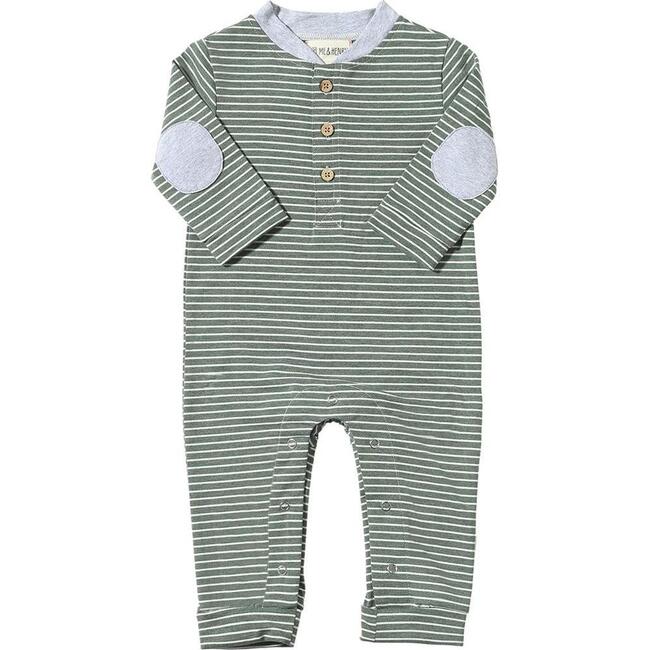 Baby Niota Contrast Elbow Patch Long Sleeve Henley Romper, Green & White Stripe