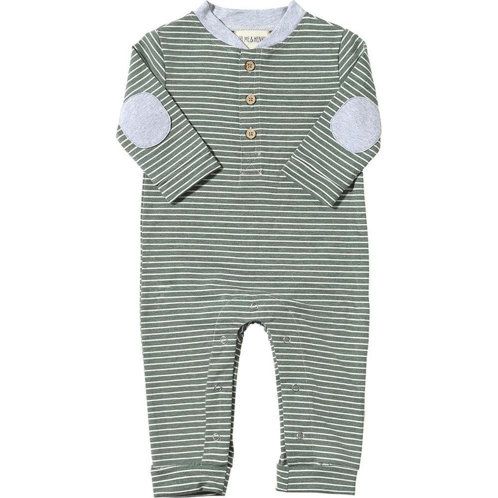 Baby Niota Contrast Elbow Patch Long Sleeve Henley Romper, Green & White Stripe - Bodysuits - 1