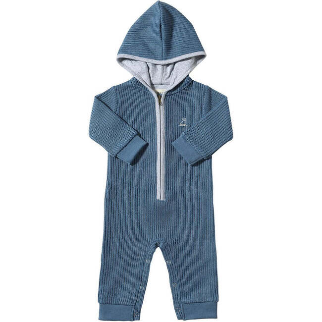 Baby Kingston Braided Knit Long Sleeve Zipper Hooded Polo Romper, Dark Green & White Stripe