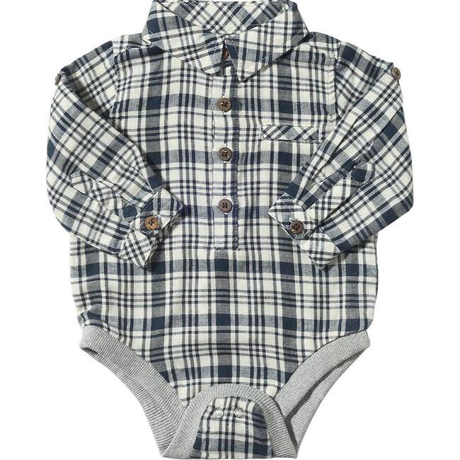 Baby Jasper Woven Shirt Collar Long Sleeve Onesie, Navy & White Plaid