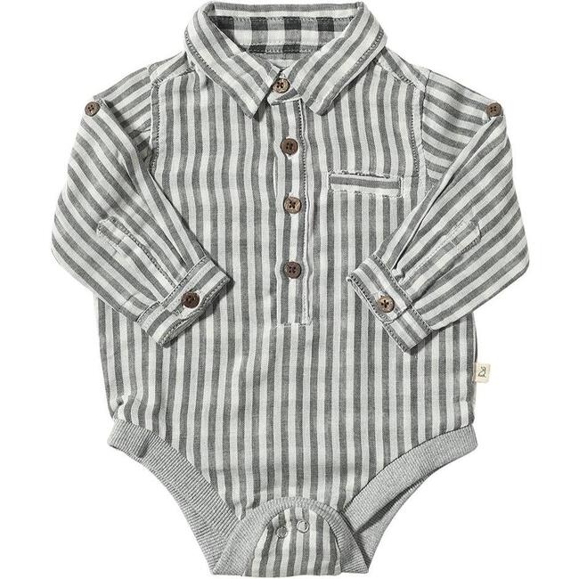 Baby Jasper Woven Shirt Collar Long Sleeve Onesie, Cream & Black Stripe