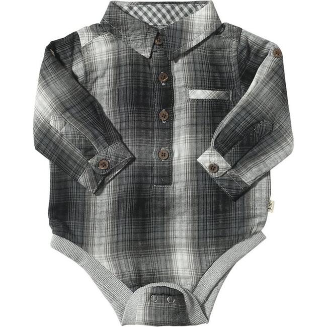 Baby Jasper Woven Shirt Collar Long Sleeve Onesie, Charcoal & Black Plaid