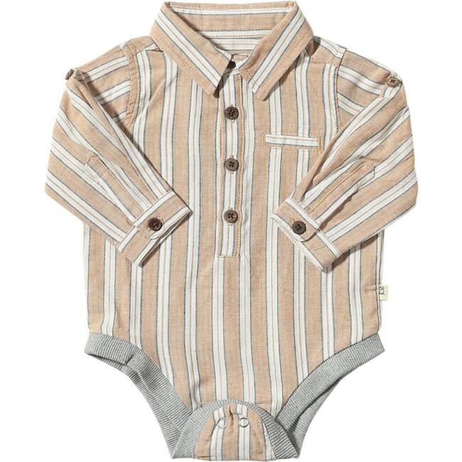 Baby Jasper Woven Shirt Collar Long Sleeve Onesie, Beige & White Stripe