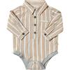 Baby Jasper Woven Shirt Collar Long Sleeve Onesie, Beige & White Stripe - Onesies - 1 - thumbnail