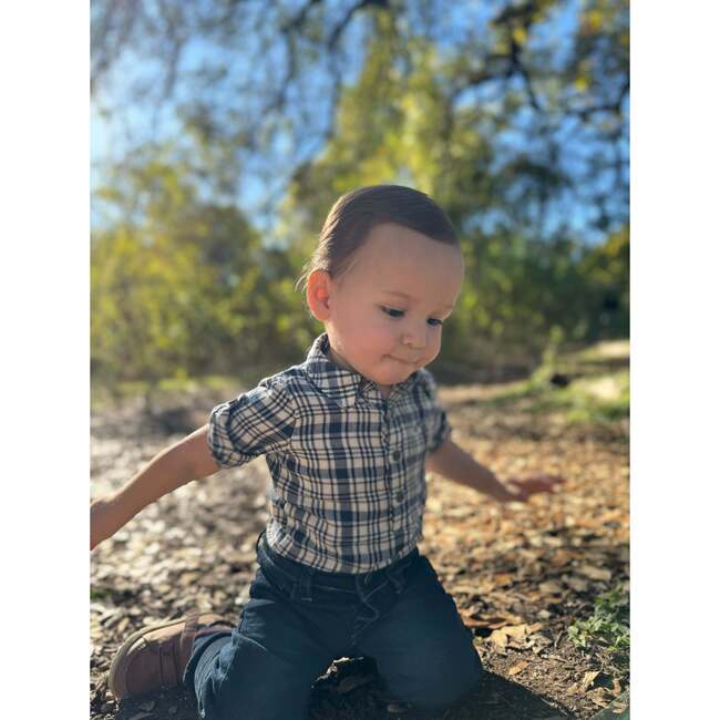 Baby Jasper Woven Shirt Collar Long Sleeve Onesie, Navy & White Plaid - Onesies - 2