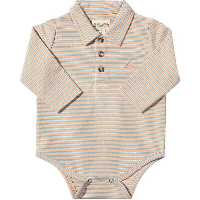 Baby Seymour Pique Striped Long Sleeve Polo Onesie, Blue & Apricot