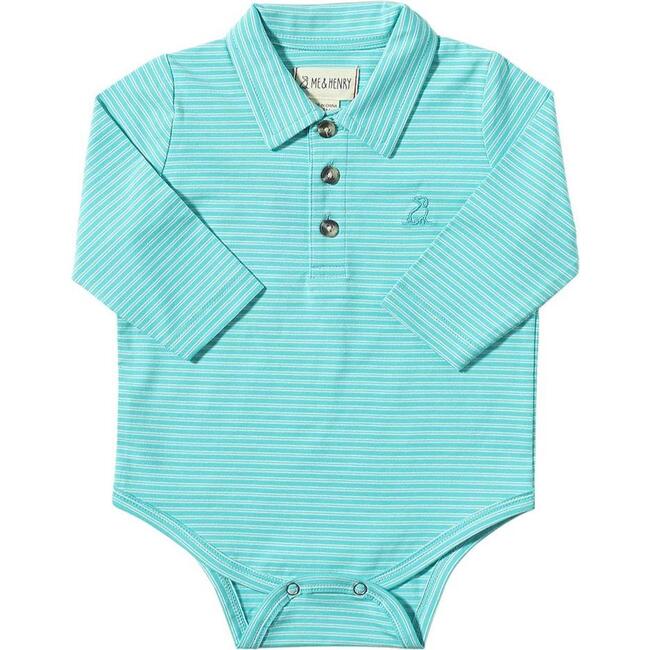 Baby Seymour Pique Striped Long Sleeve Polo Onesie, Turquoise