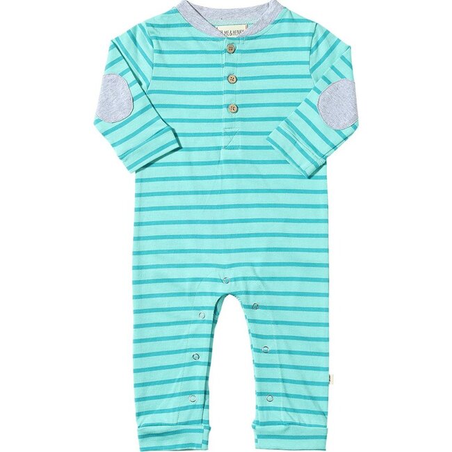 Baby Niota Contrast Elbow Patch Long Sleeve Henley Romper, Turquoise & Teal Stripe