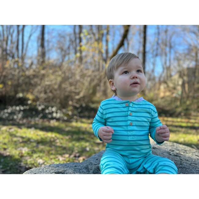 Baby Niota Contrast Elbow Patch Long Sleeve Henley Romper, Turquoise & Teal Stripe - Bodysuits - 3