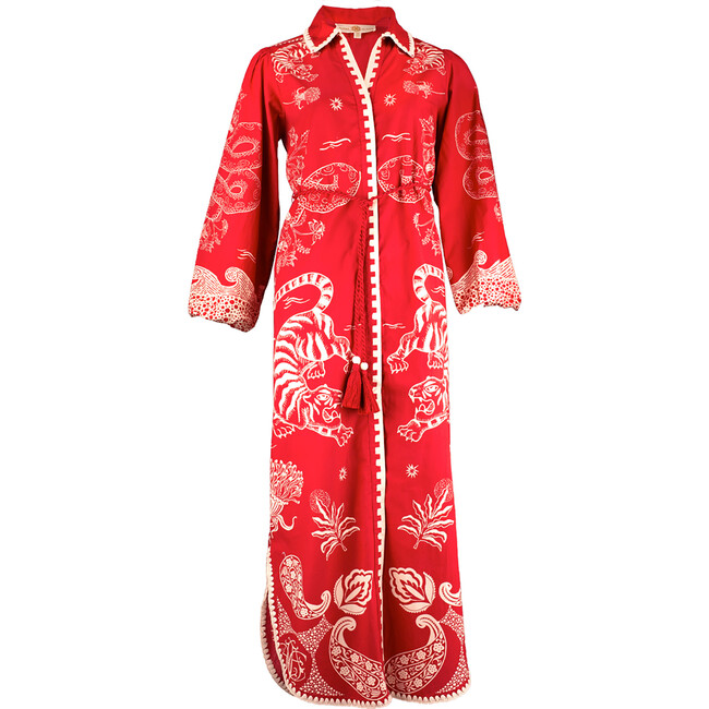 Women's Kathryn Collared V-Nick Tie Caftan, Scarlet Tiger - Dresses - 1