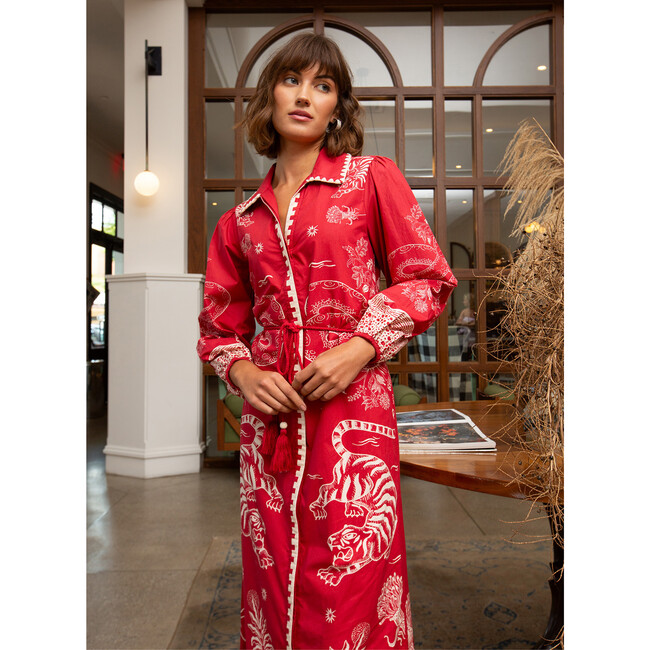 Women's Kathryn Collared V-Nick Tie Caftan, Scarlet Tiger - Dresses - 2