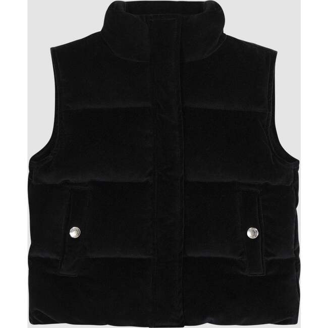 Puffer Velvet Sleeveless Front Button Pocket Vest, Black