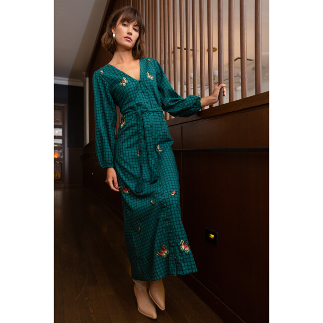 Women's Tristan V-Neck 3-Quarter Sleeve Midi Dress, Emerald Grid - Dresses - 4