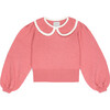 Marina Round Collar Long Puff Sleeve Lace Trim Sweater, Coral - Sweaters - 2