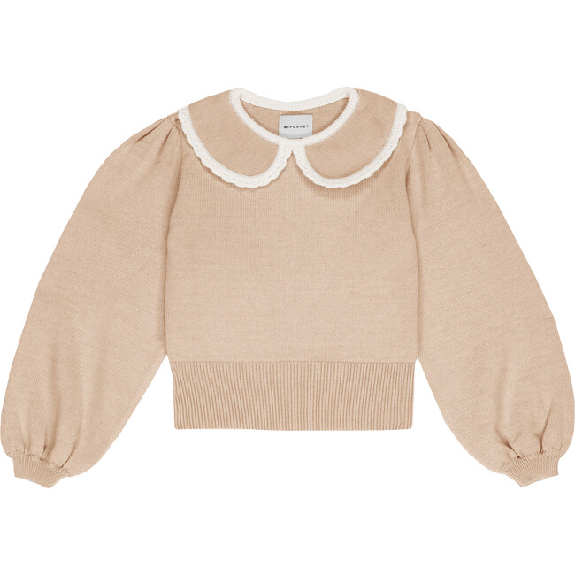 Marina Round Collar Long Puff Sleeve Lace Trim Sweater, Beige