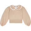 Marina Round Collar Long Puff Sleeve Lace Trim Sweater, Beige - Sweaters - 1 - thumbnail