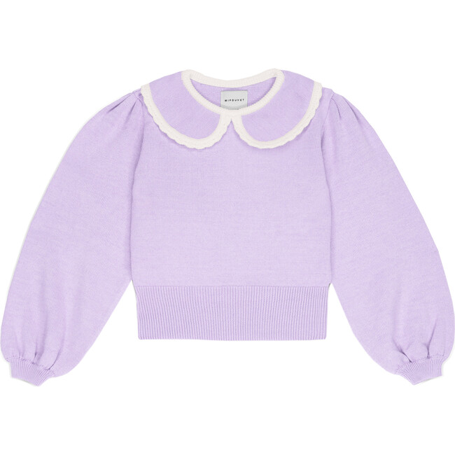 Marina Round Collar Long Puff Sleeve Lace Trim Sweater, Mauve