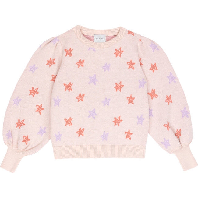 Stars Heart Motif Crew Neck Dropped Shoulder Sweater, Pink