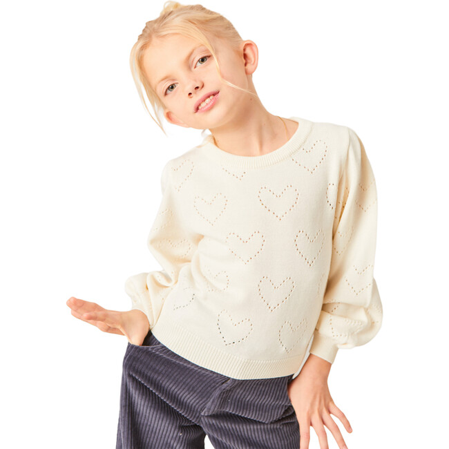 Duna Heart Crew Neck Long Puff Sleeve Sweater, Ecru - Sweaters - 2