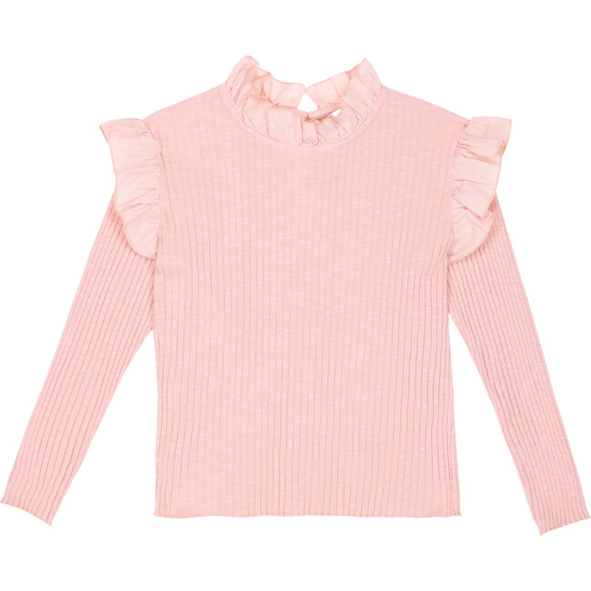 Charlotte Jersey Stand Collar Long Sleeve Frill Trim Top, Coral